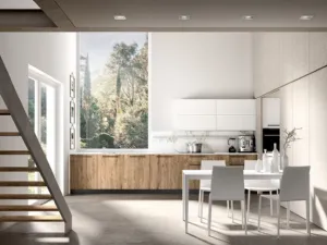 Cucina Moderna lineare in finitura rovere Sherwood e pensili in laccato bianco Gea 04 di Mobilegno