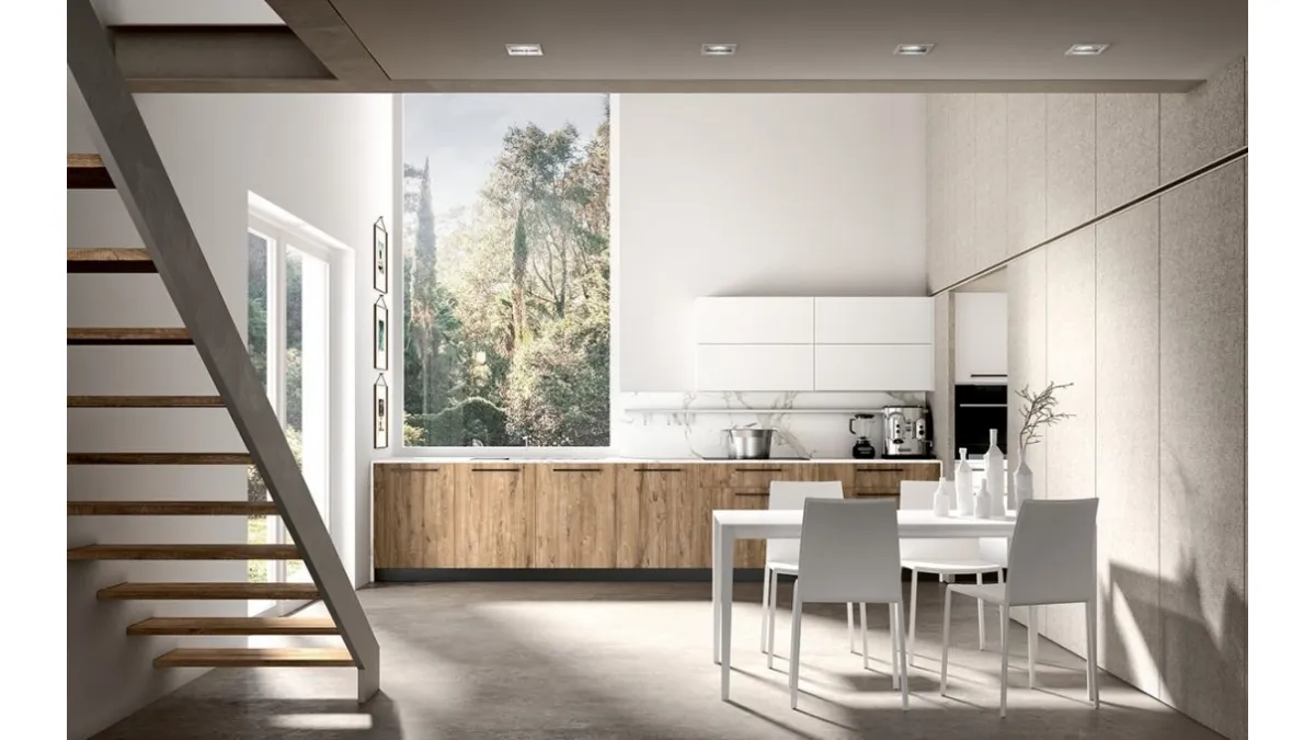 Cucina Moderna lineare in finitura rovere Sherwood e pensili in laccato bianco Gea 04 di Mobilegno