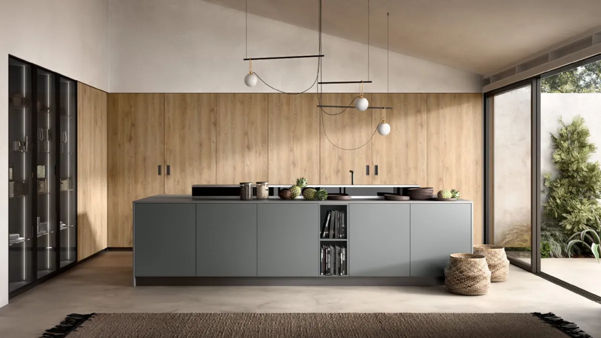 Cucina Moderna con isola Infinity 03 in laccato e rovere di Mobilegno