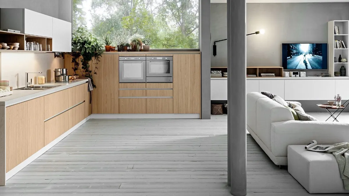 Cucina Moderna angolare in rovere naturale e rovere laccato Aura 02 di Mobilegno